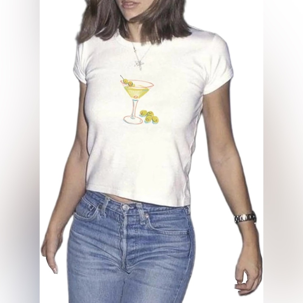 Amazon Cocktail Glass Baby T-Shirt Crop Top, White, Size S, NWOT